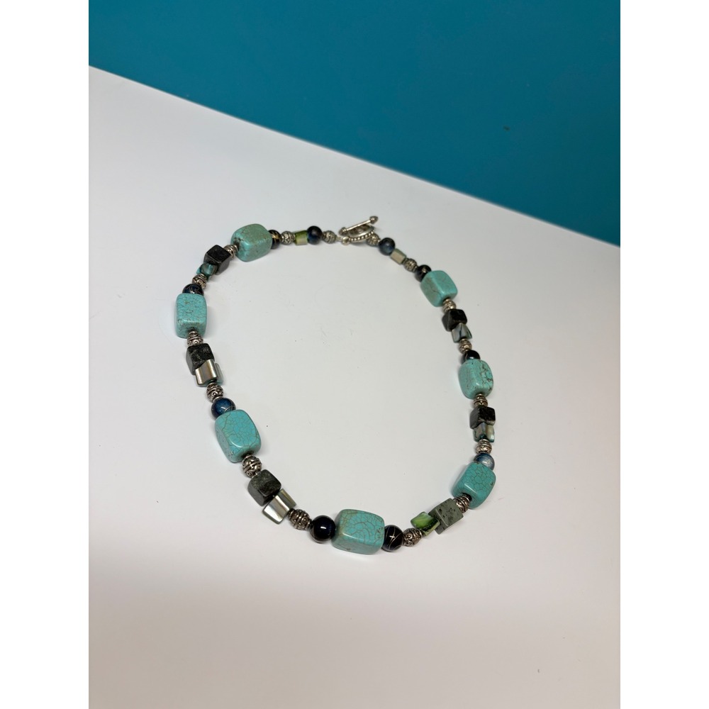 Bohemian Turquoise Style Beaded Necklace with Shell Accents and Toggle Clasp 19"